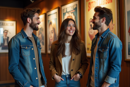 Trois jeunes adultes devant une affiche de cinéma vintage