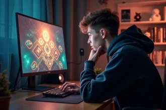 Joueur concentré devant un écran de stratégie affichant une interface de portails Eliotrope sur Dofus