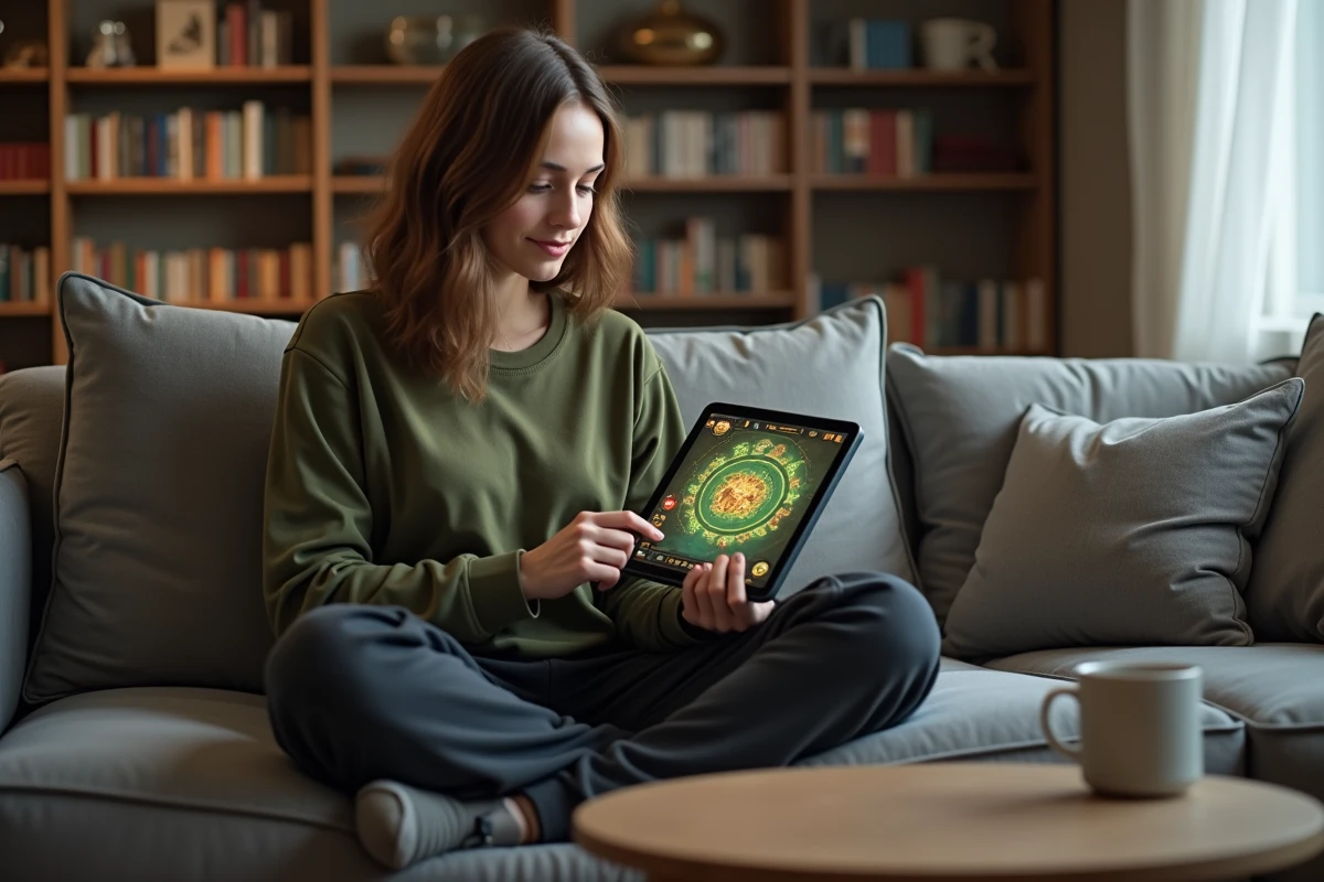 Joueuse consultant un guide de stratégie Eliotrope sur tablette dans un salon confortable