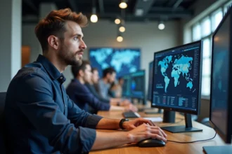 Journaliste analysant plusieurs sources d'information sur des écrans dans une salle de rédaction moderne, illustrant la comparaison entre médias en ligne et grands médias