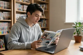 Jeune homme lisant des scans manga en français sur un ordinateur portable dans sa chambre entourée de volumes manga