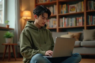Jeune homme lisant des mangas en ligne sur son ordinateur portable, assis sur un plancher en bois entouré de volumes de manga