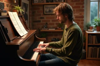 Musicien adulte lisant une partition d'accords de piano dans un studio maison au décor authentique