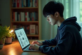 Jeune homme lisant un scan manga One Piece sur son ordinateur portable dans un appartement cosy
