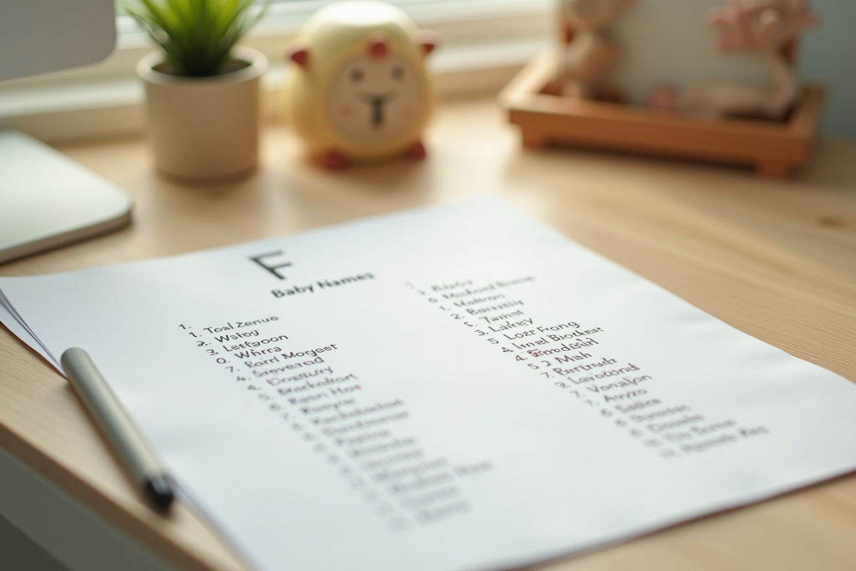 Liste de prénoms pour bébé commençant par F sur un bureau en bois