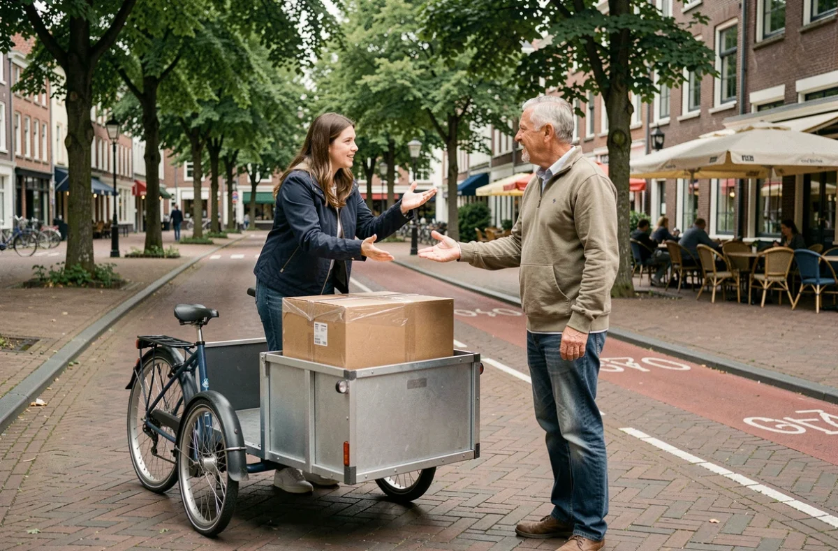 Livraison collaborative de gros colis en vélo cargo dans une zone urbaine piétonne en 2026