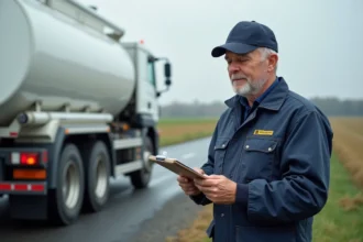 Chauffeur livreur de fioul domestique contrôlant un bon de livraison devant son camion citerne dans les Hauts-de-France