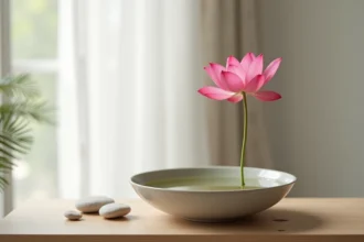 Fleur de lotus rose dans un bol en céramique sur une étagère en bois naturel, symbole de paix et de pureté en feng shui
