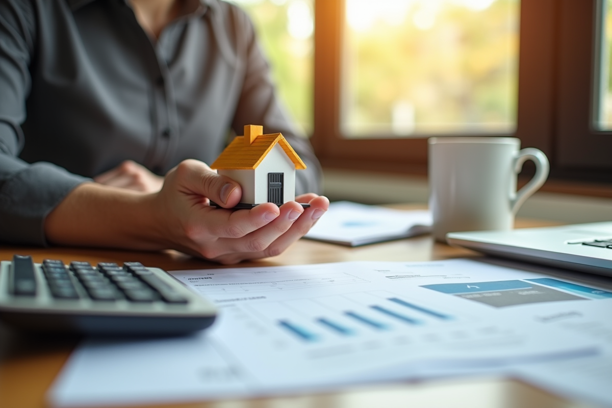 Main tenant une maison miniature avec calculatrice sur un bureau