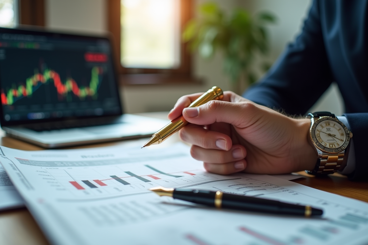 Main tenant une pièce d or au-dessus d un bureau financier