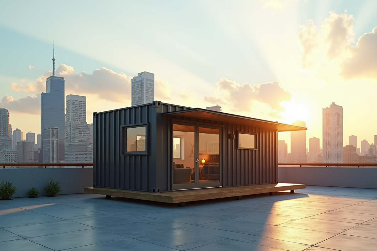 Maison container sur un toit urbain avec skyline moderne