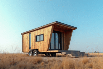 Petite maison minimaliste en bois recyclé et métal en plein air