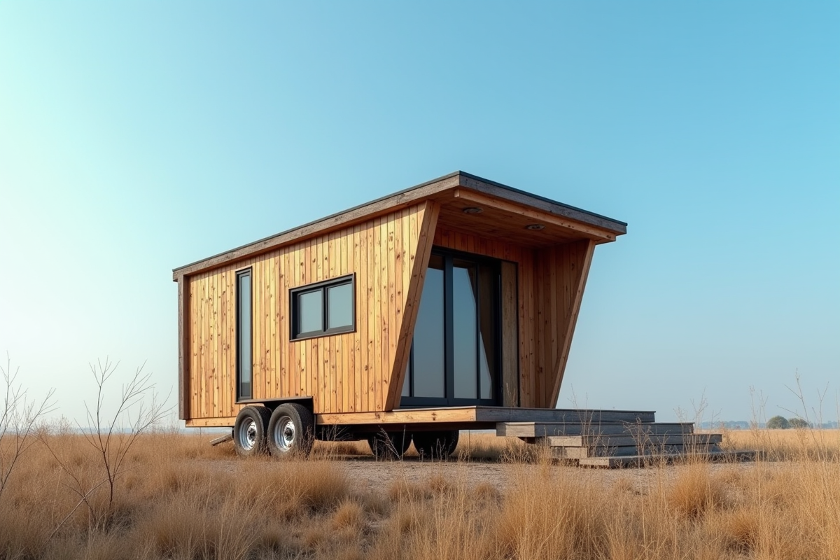 Petite maison minimaliste en bois recyclé et métal en plein air