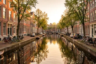 Maisons étroites au bord d'un canal d'Amsterdam au coucher du soleil