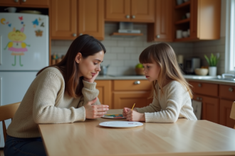 Mère et fille discutent calmement à la cuisine familiale