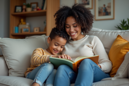 Femme et enfant lisant un livre dans un salon chaleureux