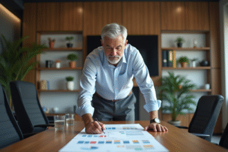 Manager d'affaires en réunion avec graphiques workflow