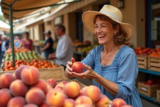 Femme souriante en robe d'été choisissant des pêches au marché