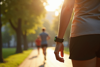 Personne marchant dans un parc urbain ensoleille avec un tracker de fitness