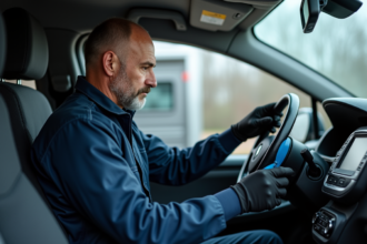 Mécanicien professionnel connectant un scanner diagnostic dans une voiture Renault