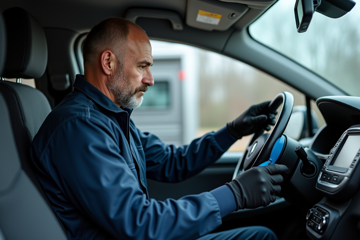 Mécanicien professionnel connectant un scanner diagnostic dans une voiture Renault