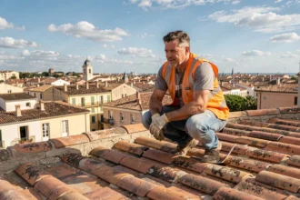 Couvreur professionnel sur un toit en tuiles avec les toits de Montpellier en arrière-plan