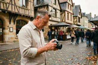 Photographe professionnel consultant sa caméra devant les façades historiques de la Place des Lices à Rennes, illustrant le top 10 des photographes en Ille-et-Vilaine