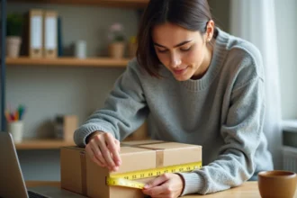 Femme mesurant un colis carton avec un mètre ruban jaune sur un bureau en bois à domicile, préparation d'envoi Mondial Relay