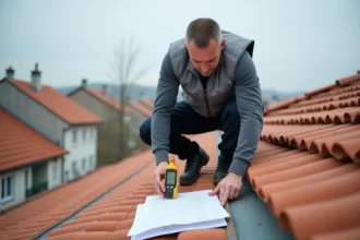 Architecte mesurant la pente d'un toit en tuiles avec un inclinomètre numérique
