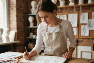 Étudiante en mise à niveau arts appliqués dessinant des silhouettes de mode dans un atelier académique avec des murs en brique apparente