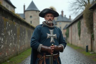 Reconstitution historique d'un mousquetaire du XVIIe siècle devant les remparts de Maastricht, lieu de la mort de d'Artagnan