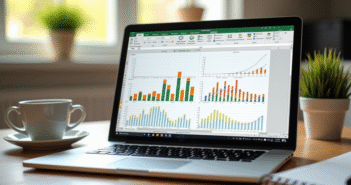 Ordinateur portable sur un bureau lumineux avec graphique excel