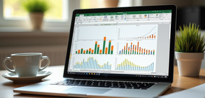 Ordinateur portable sur un bureau lumineux avec graphique excel