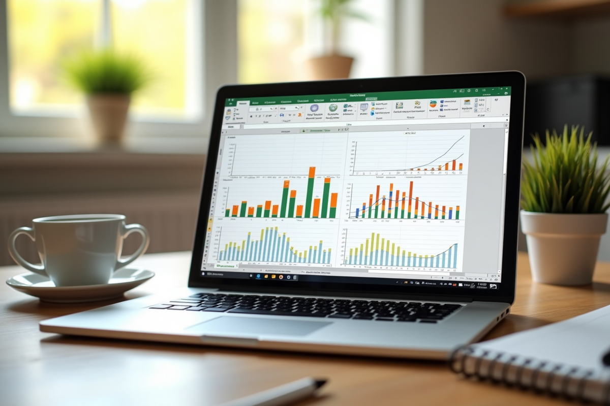 Ordinateur portable sur un bureau lumineux avec graphique excel