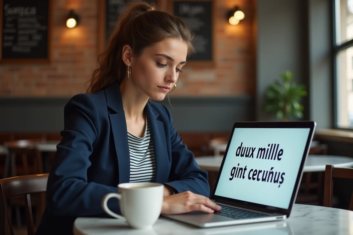 Jeune femme vérifiant l'orthographe de deux mille cinq cents euros sur son ordinateur portable dans un café
