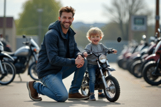Père souriant avec son enfant près d'une moto Yamaha 50