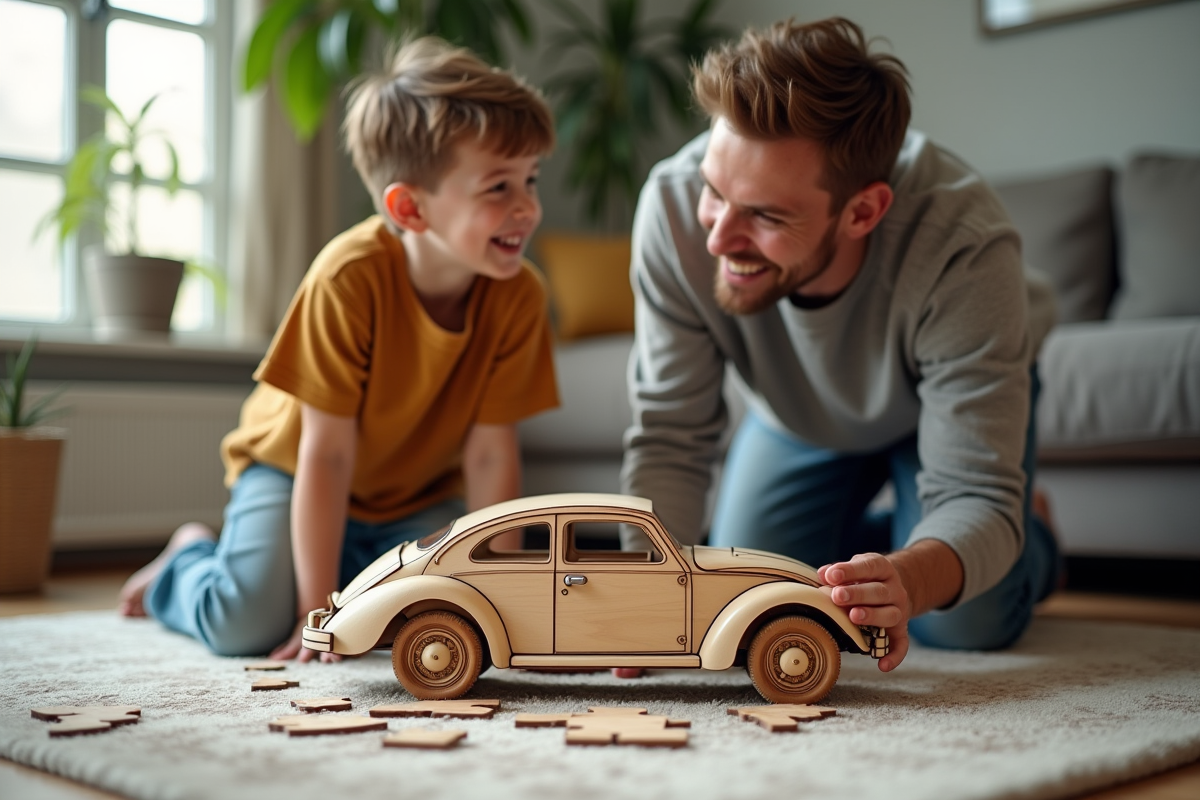 Père et fils examinent un puzzle en bois de voiture vintage dans le salon