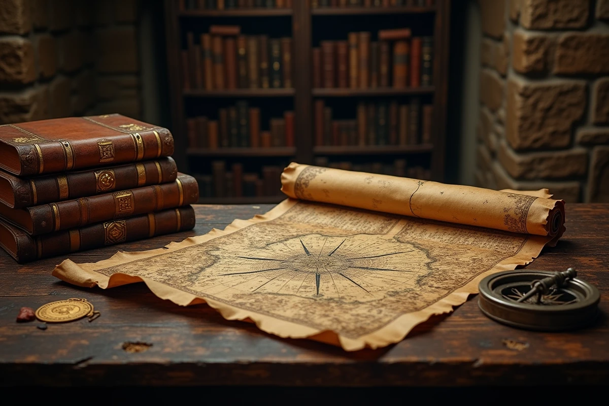 Vieille carte et parchemins anciens sur une table en chêne dans une bibliothèque de pierre, symbolisant les mystères et l'histoire secrète de Saint Garling Figarland dans One Piece