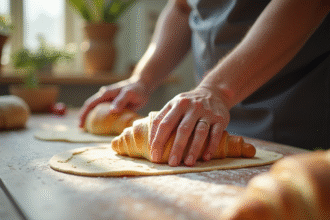 Mains de boulanger pliant la pate à croissant au petit matin