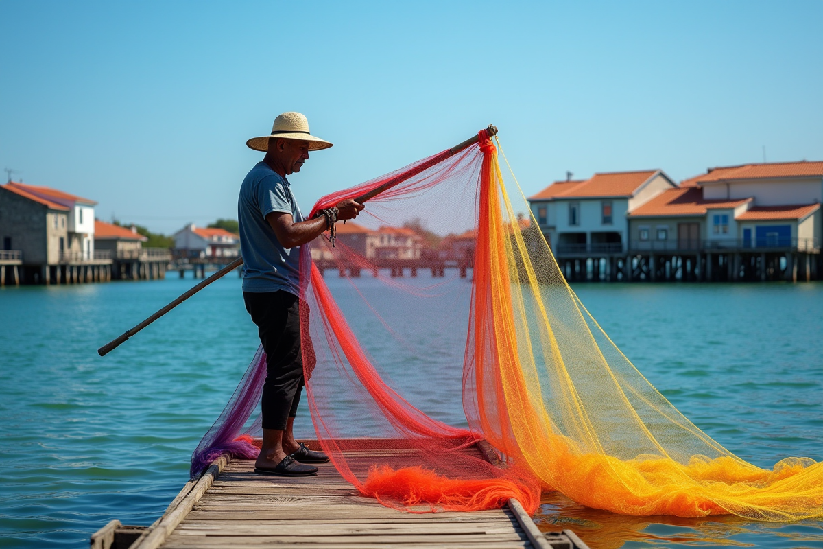Pêcheur portugais réparant des filets colorés au port de Carrasqueira