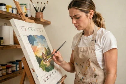 Femme peignant avec précision sur une toile numérotée dans un atelier maison, tenant un fin pinceau au-dessus d'une section détaillée du tableau
