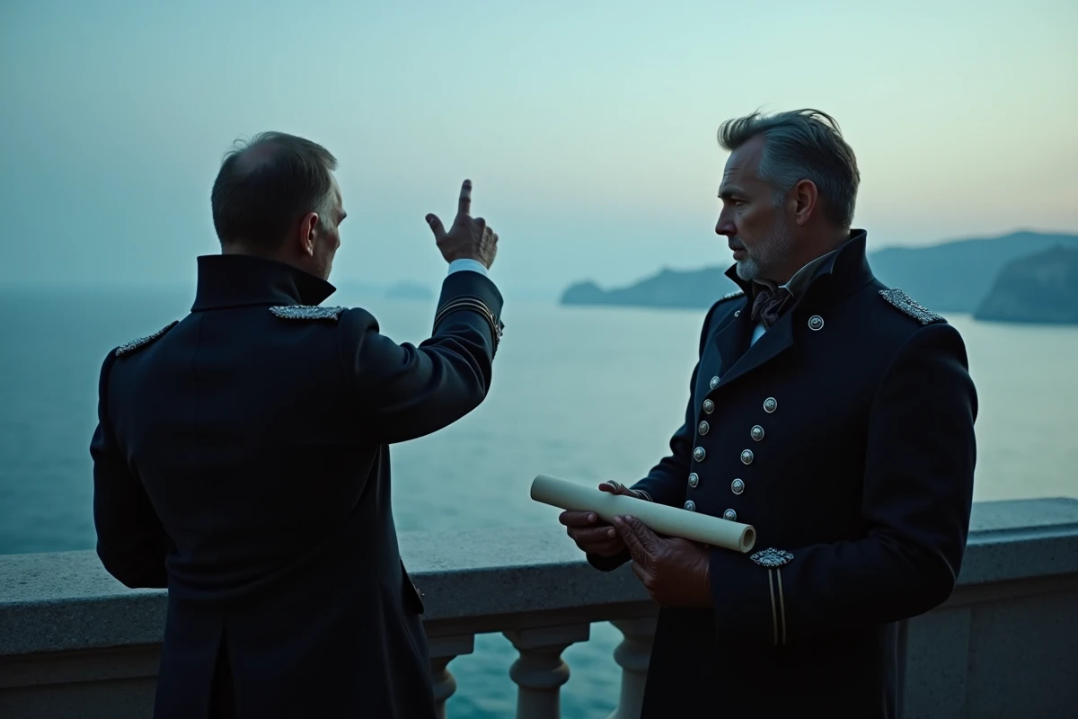 Deux hommes en manteaux militaires sombres sur un balcon de pierre contemplant l'océan, illustrant les enjeux stratégiques et l'influence de Saint Garling Figarland sur la saga finale de One Piece