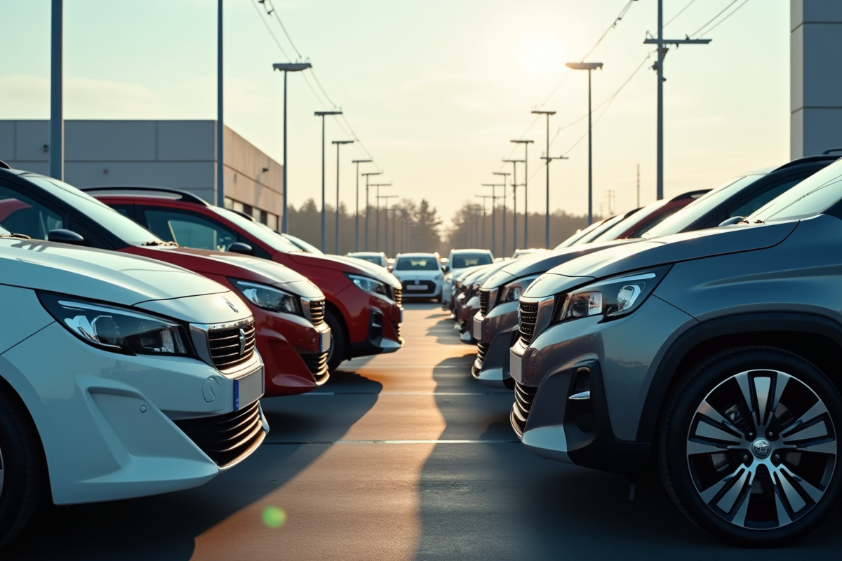 Plusieurs voitures Peugeot dans un concessionnaire vues d