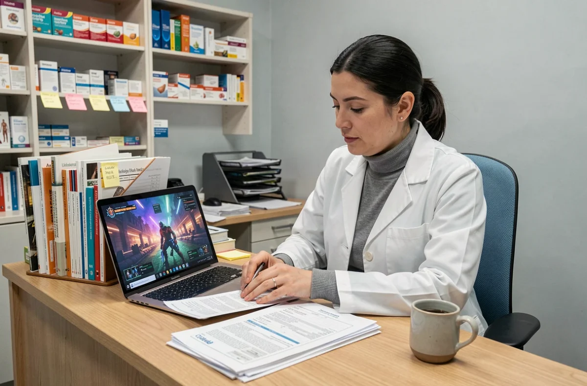 Pharmacienne en pause consultant une interface de jeu vidéo ARC Raiders sur ordinateur portable dans un bureau de pharmacie