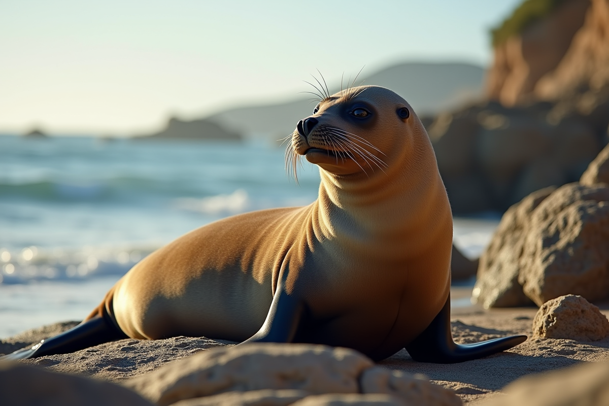 Phoque de Californie sur rochers en plein soleil