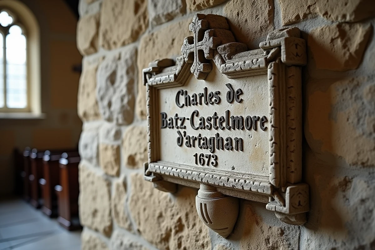 Plaque funéraire en pierre dans une église française commémorant d'Artagnan, mousquetaire mort au siège de Maastricht en 1673