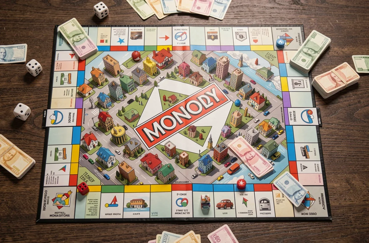 Vue aérienne d'un plateau de jeu Monopoly thème ville en pleine partie, avec billets, dés et pions disposés sur une table en bois foncé