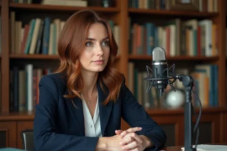 Portrait d'une actrice française en interview dans un cadre artistique avec microphone vintage et bibliothèque en arrière-plan