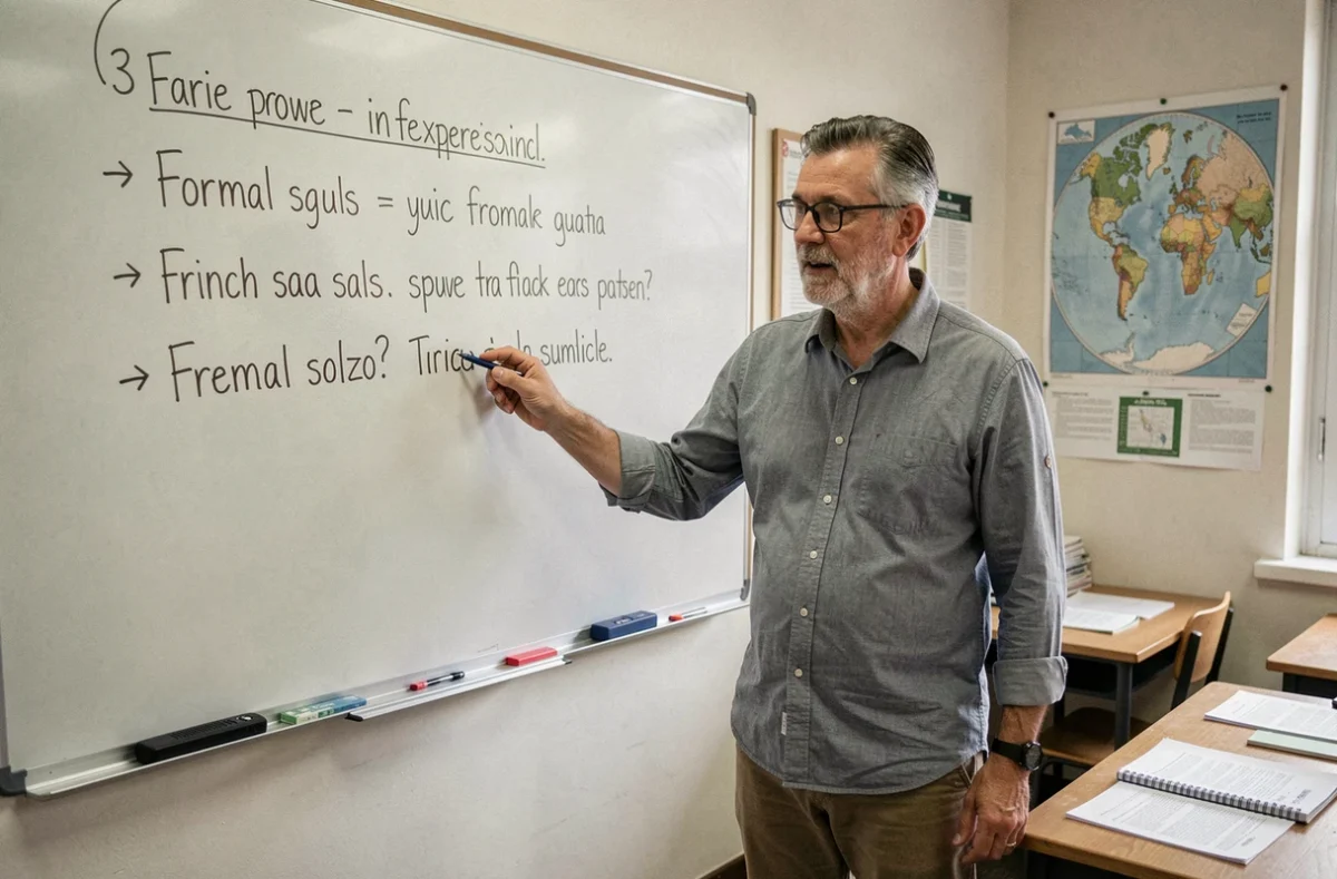 Professeur de français expliquant l'évolution des tournures linguistiques au tableau dans une salle de classe