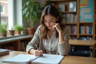 Professeure en classe lisant un devoir annoté